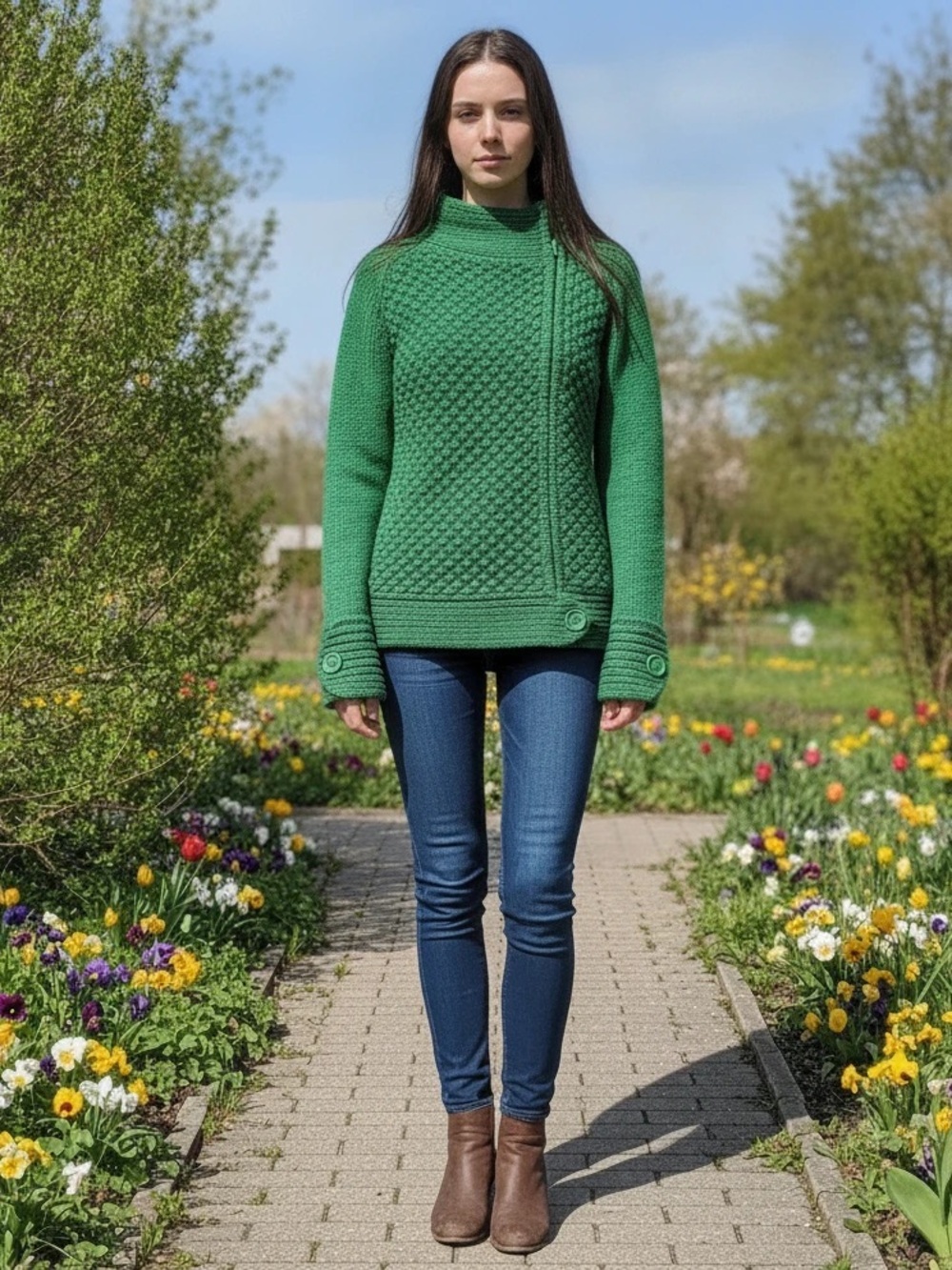 Moda International Women’s Green Textured Cowl, Zip Up Sweater, YKK Zipper, M